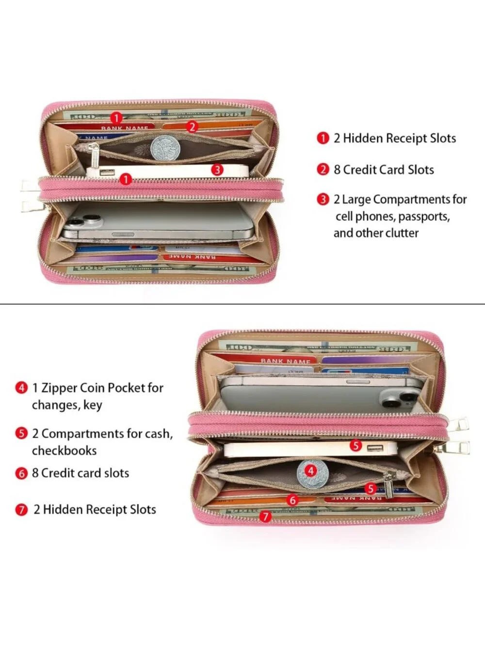 Large Capacity RFID Blocking Leather Wallet | Double Zip Card & Phone Holder